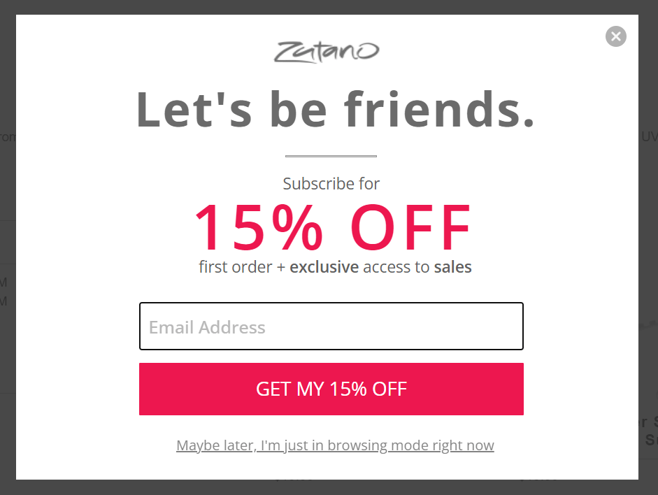 Exit Intent Trigger Popup Example: Zutano