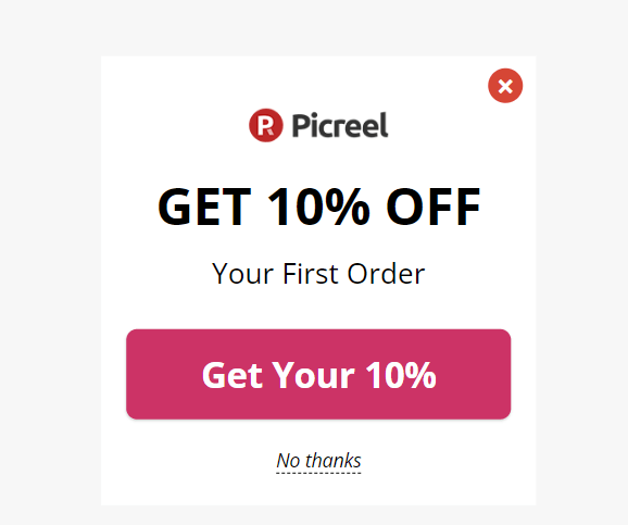 Picreel template: Exit Intent 10% Off Popup Example