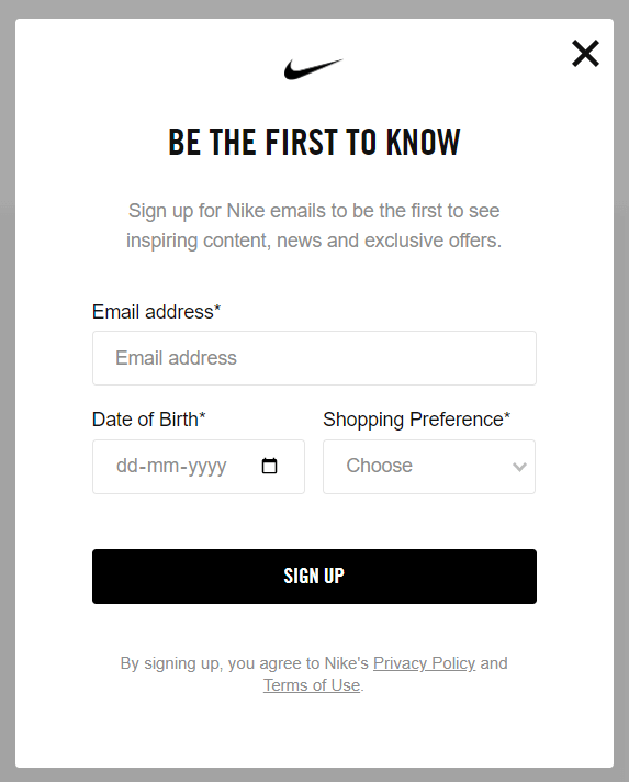 Exit Popup Example: Nike