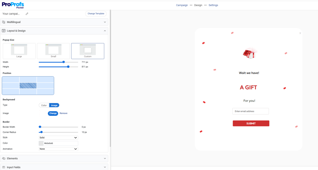 Designing Valentine's day poup on Picreel dashboard