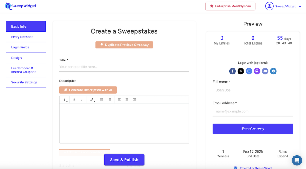 SweepWidget Dashboard