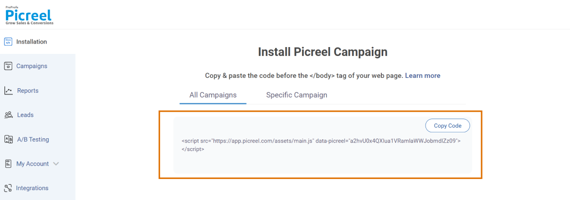 install picreel campaign