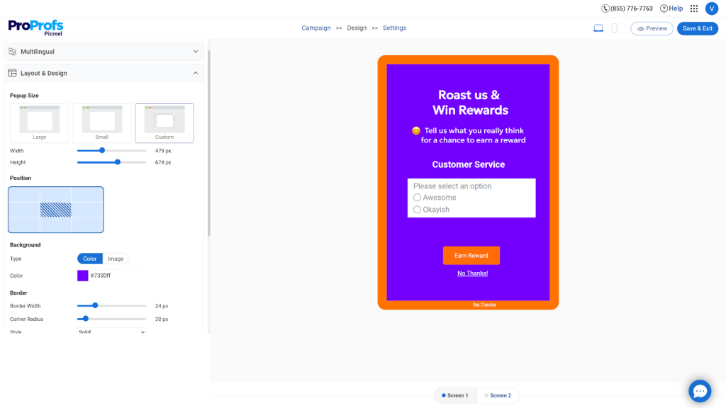 Design dashboard for picreel popup overlay