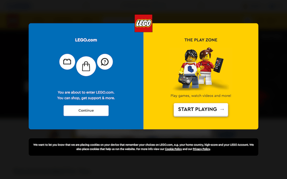 Lego's Website Navigation Popup