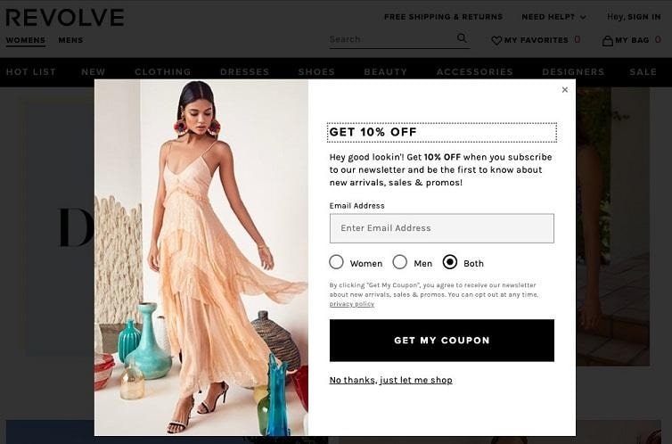 Revolve's First-Time Buyer Coupon Popup