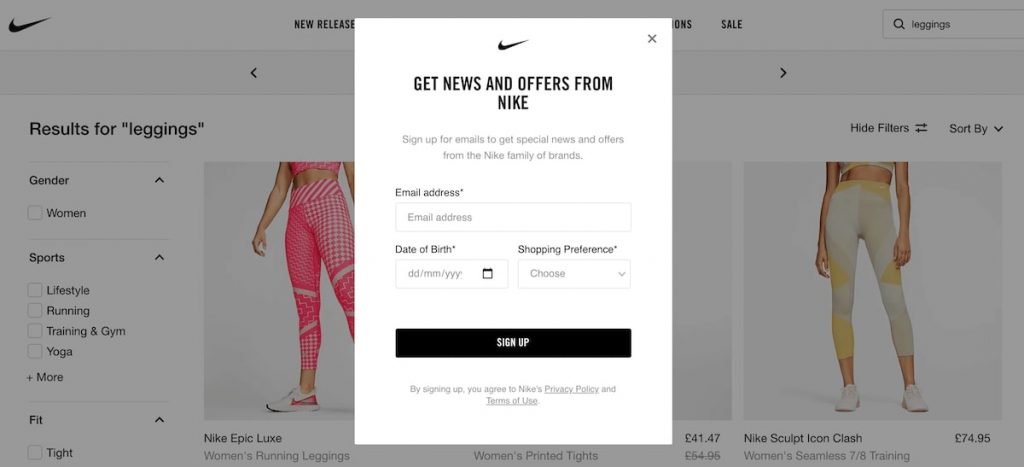 Nike's Email Popup