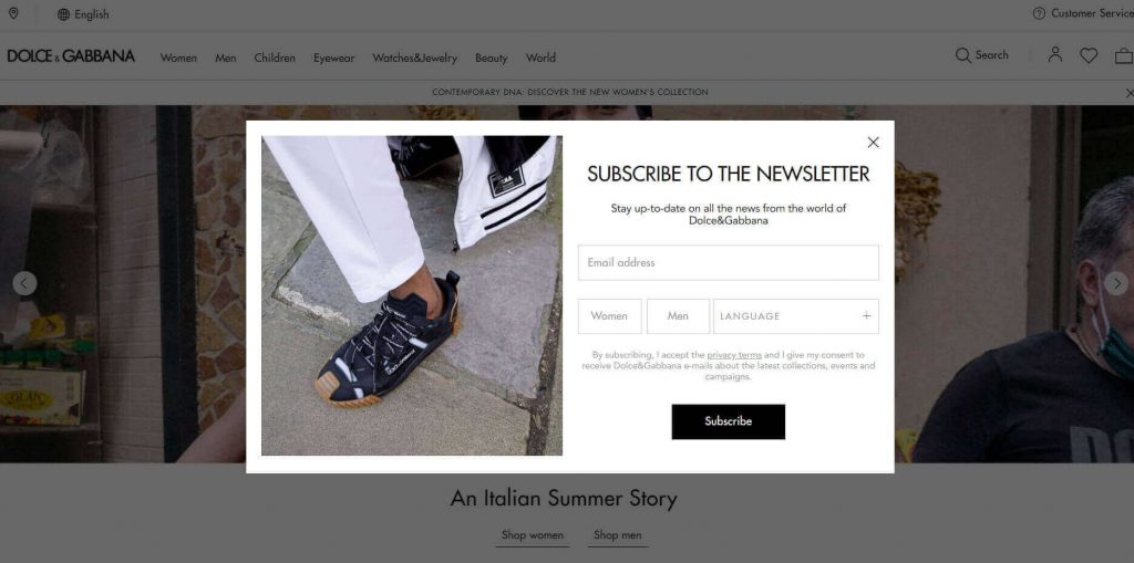 Dolce & Gabbana's Newsletter Popup