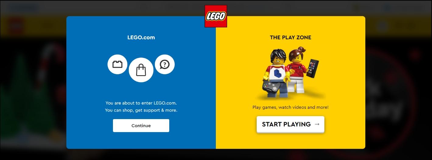 LEGO’s welcome overlay popup
