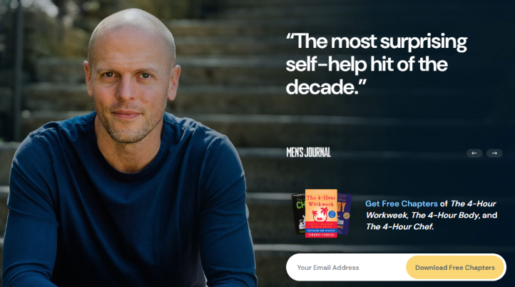 Tim Ferriss: The Content-Led Full-Page Overlay