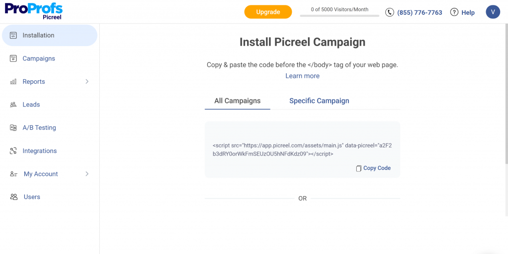 Picreel Install Campaign Dashboard