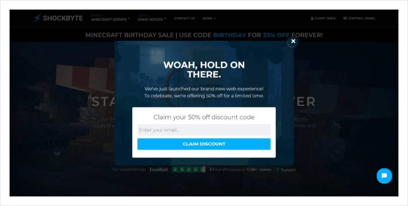 Shockbyte's personalized mobile exit intent popup