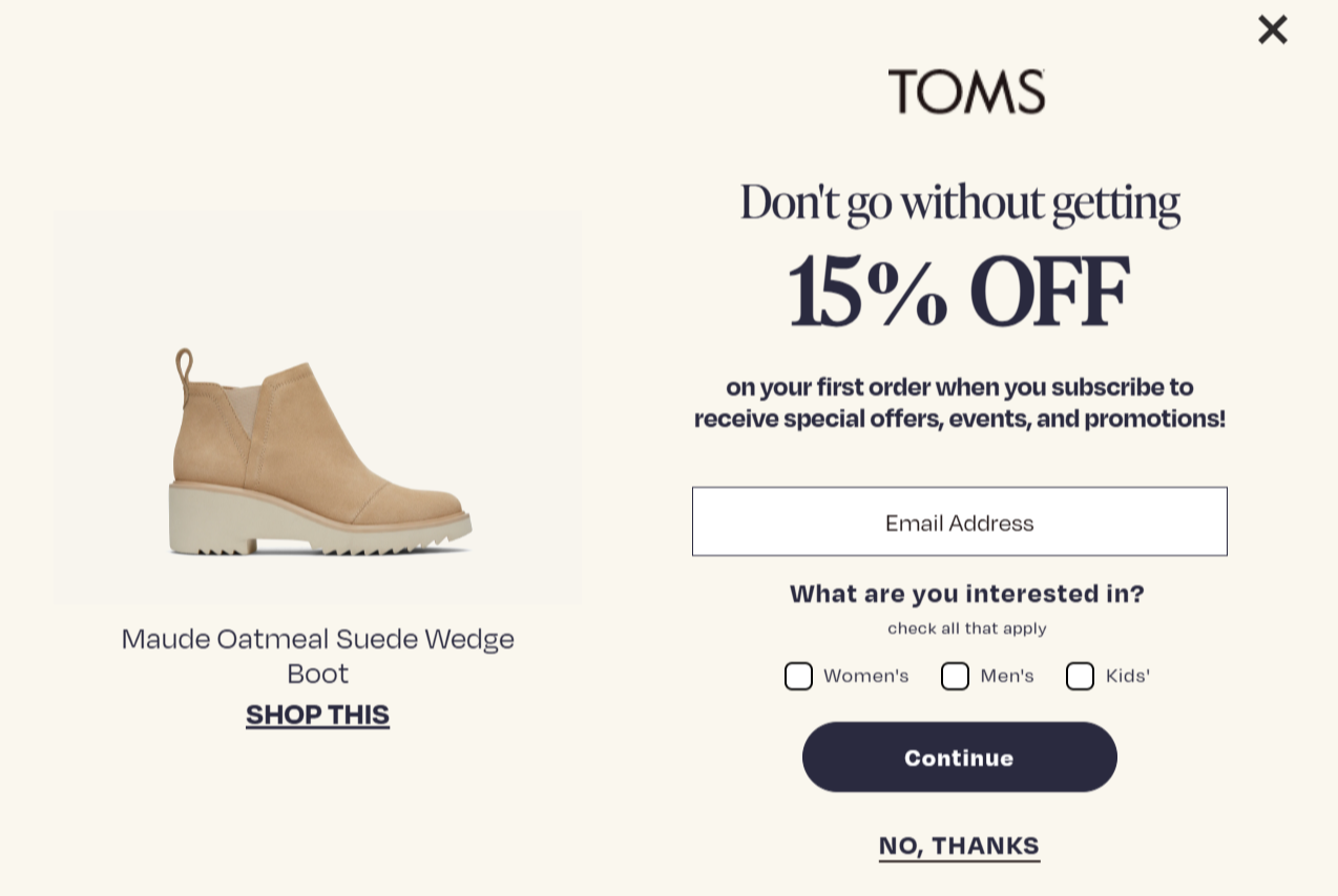 TOMS mobile exit intent popup