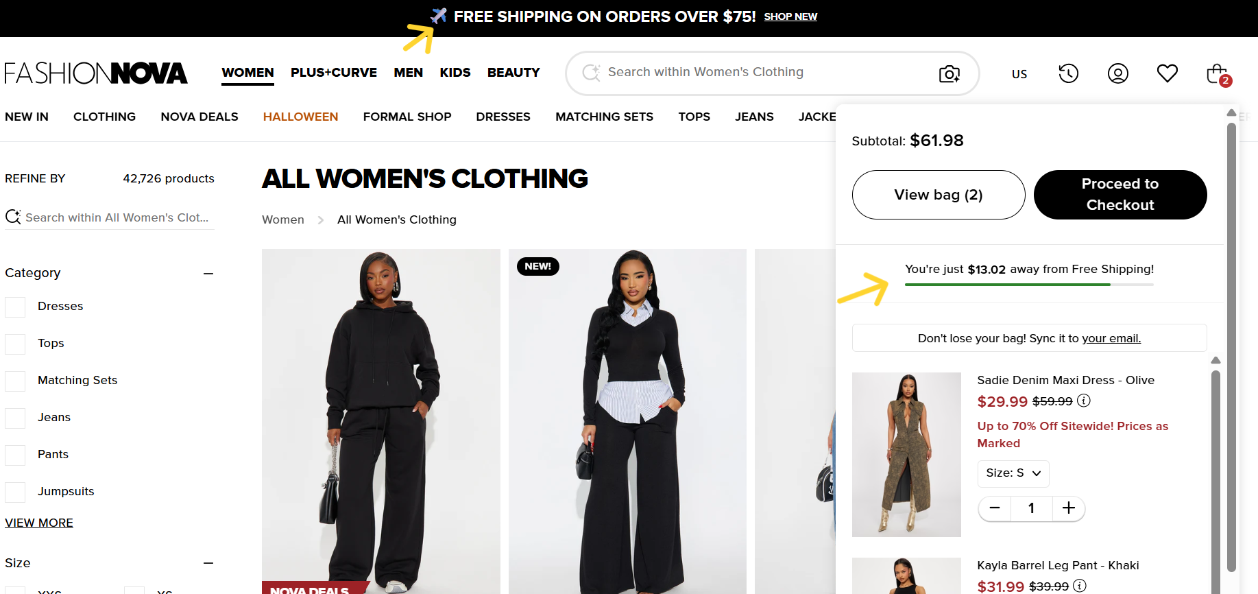 cart abandonment solutions Fashion Nova example