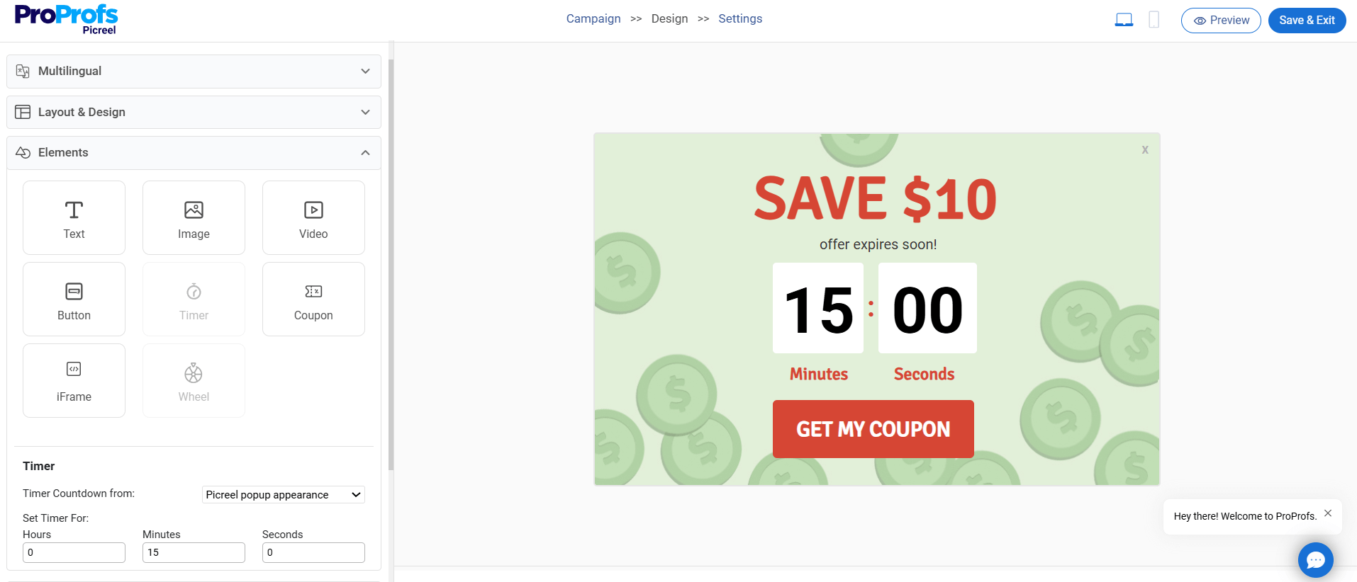 Picreel Countdown Timer Dashboard