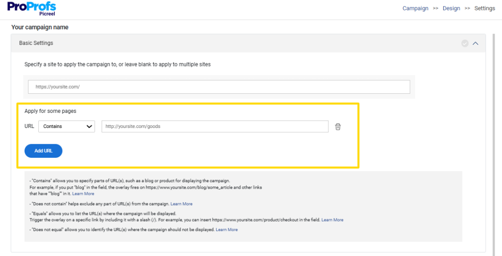 Picreel URL Targeting