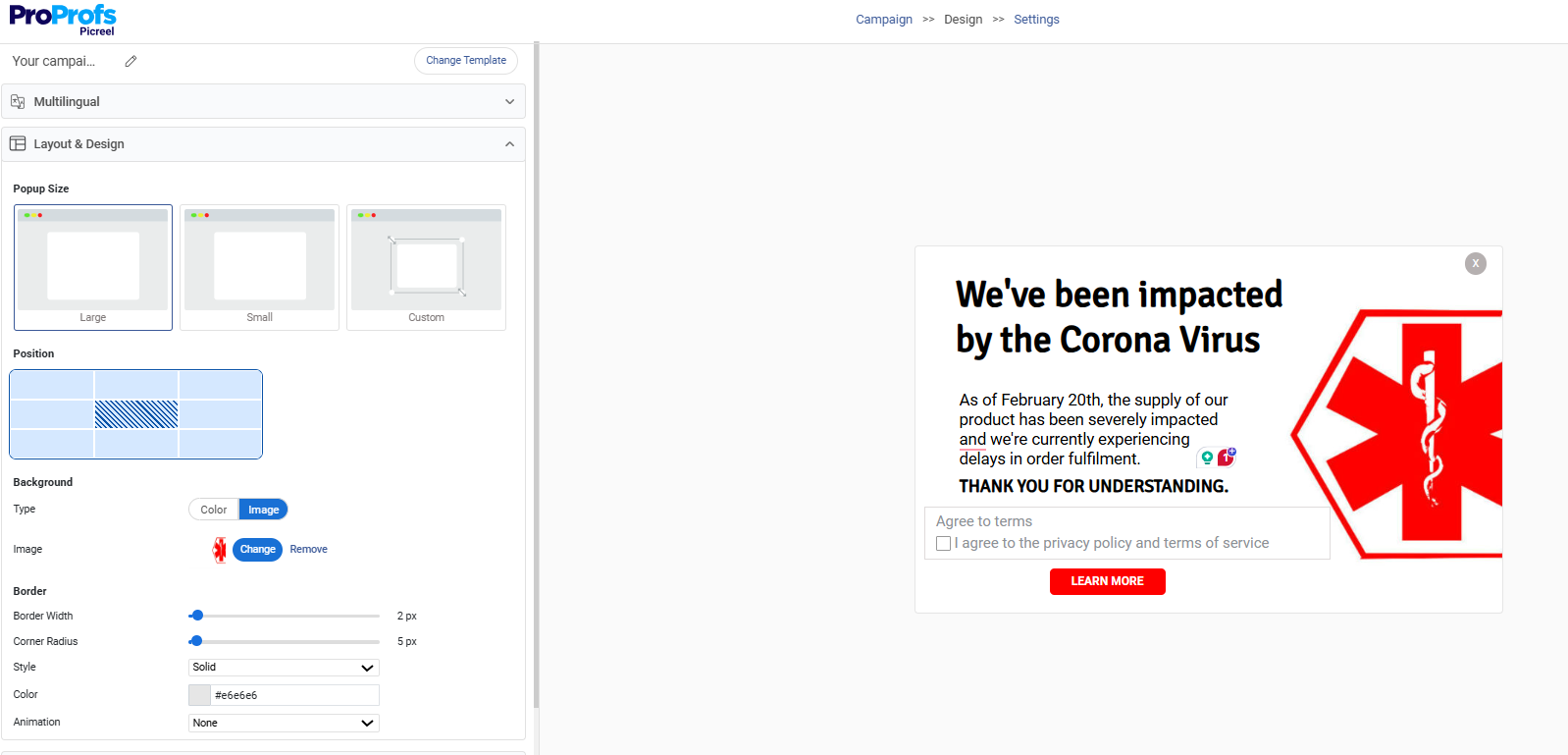 design disclaimer popup
