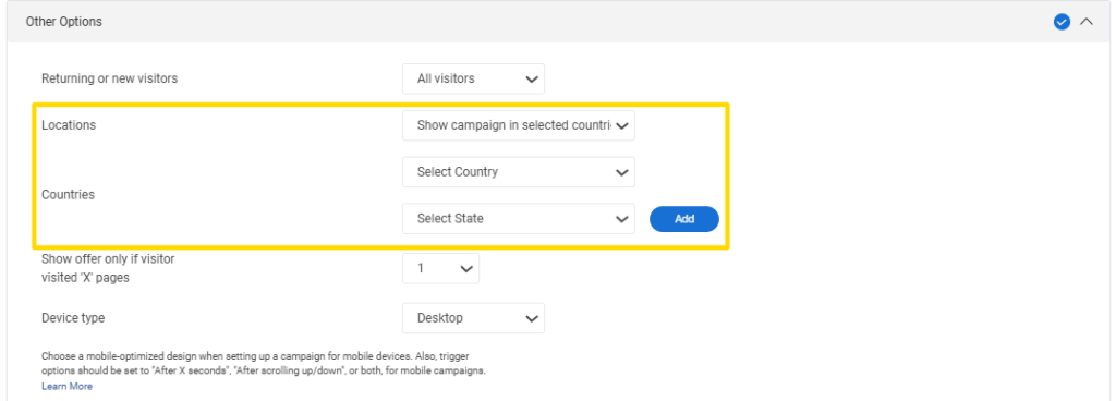 location targeting for privacy popup
