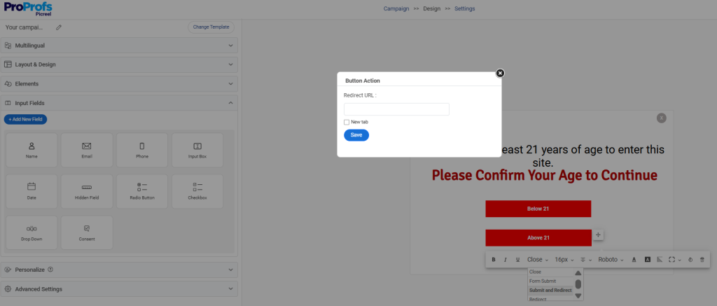 Picreel redirect button
