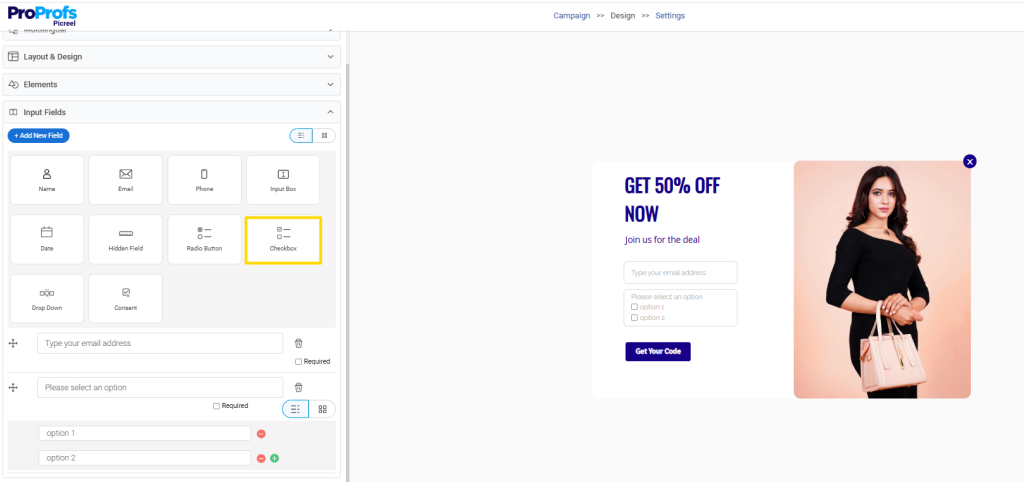 Picreel popup checkbox