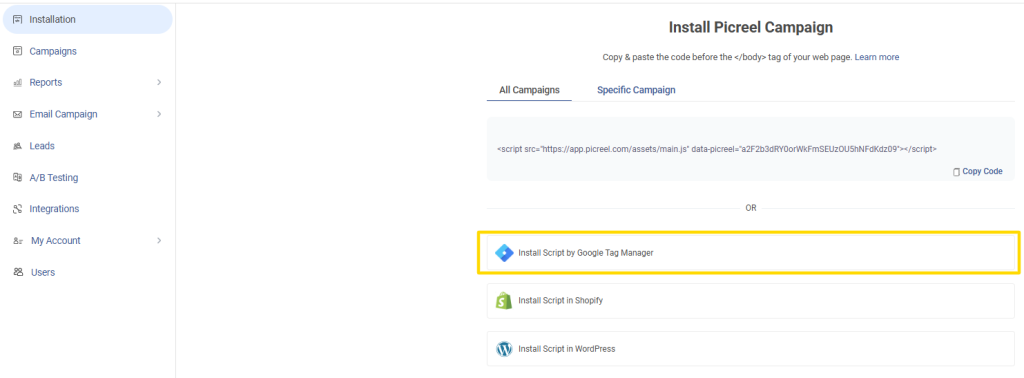 Picreel Google Tag Manager