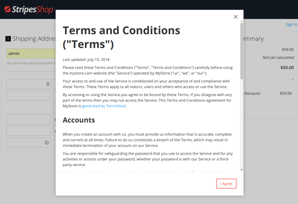 Terms and conditions popup